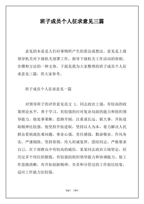班子成员个人征求意见三篇