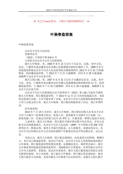 2019年叶杨春盗窃案-实用word文档 (2页)