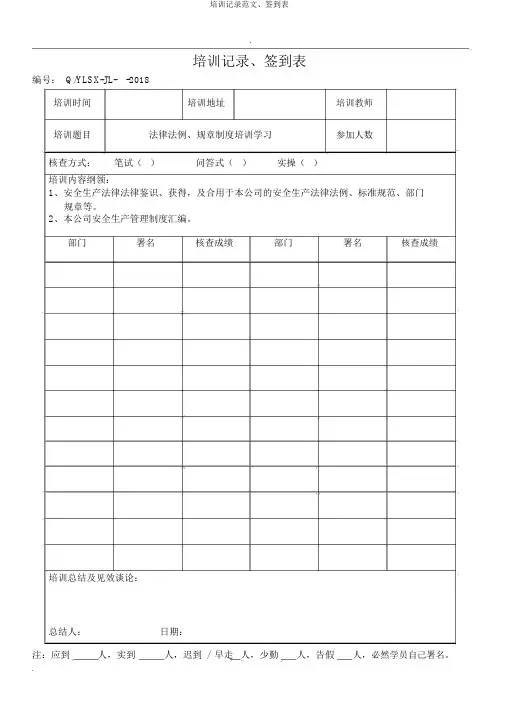 培训记录范文、签到表
