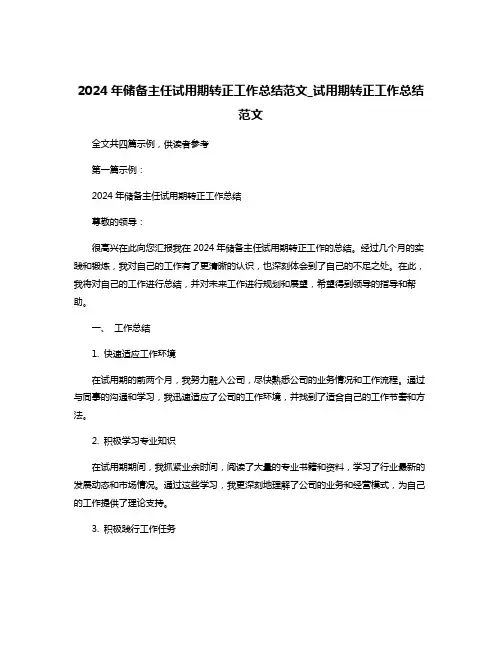 2024年储备主任试用期转正工作总结范文_试用期转正工作总结范文