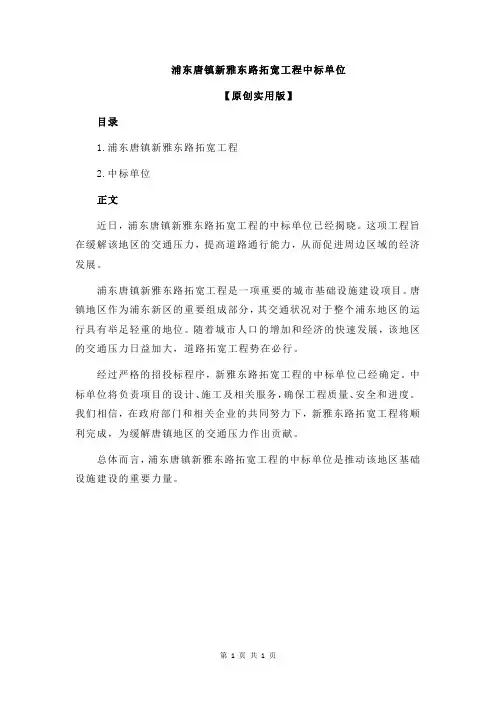 浦东唐镇新雅东路拓宽工程中标单位