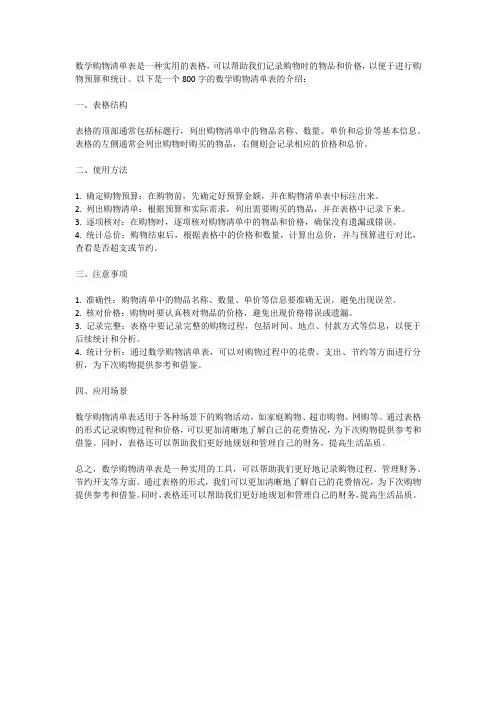 数学购物清单表