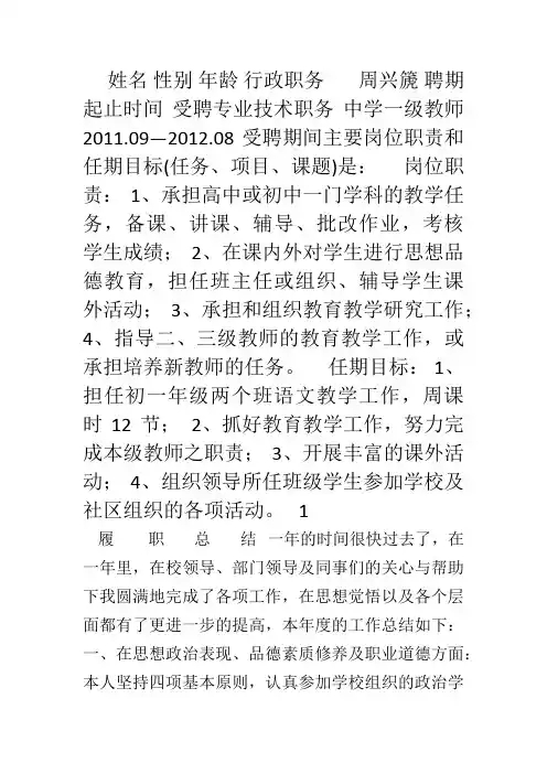 专业技术人员履职考核表(含岗位职责、总结)