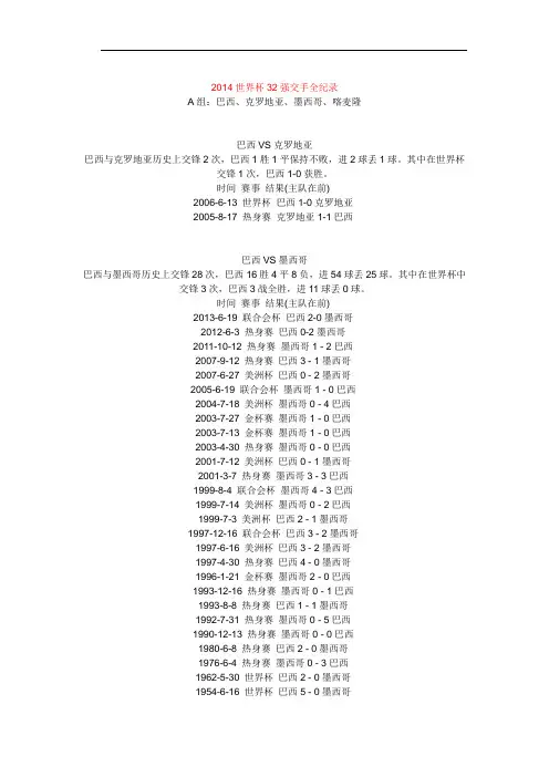 2014巴西世界杯32强交手全纪录