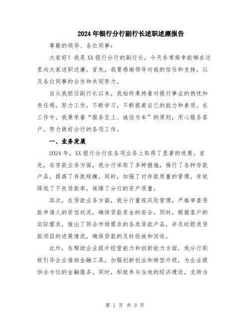 2024年银行分行副行长述职述廉报告