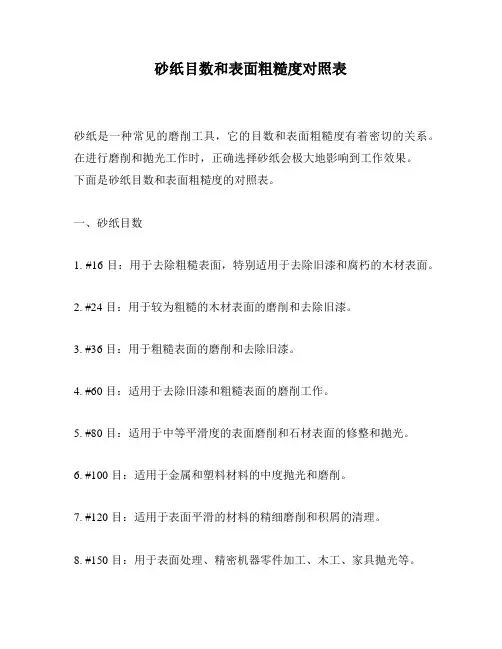 砂纸目数和表面粗糙度对照表
