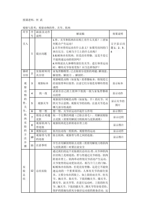 观察动物的骨、关节、肌肉的实验