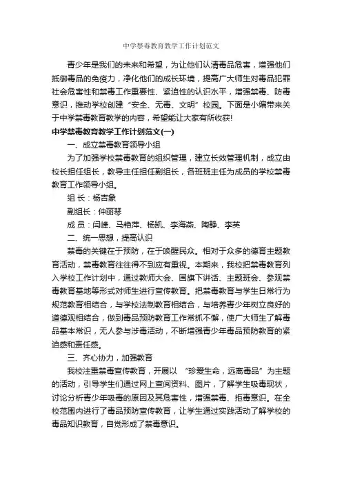 中学禁毒教育教学工作计划范文_教学工作计划_