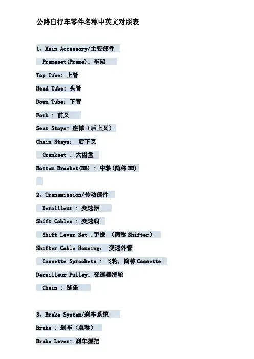 公路自行车零件名称---中英文对照表-图