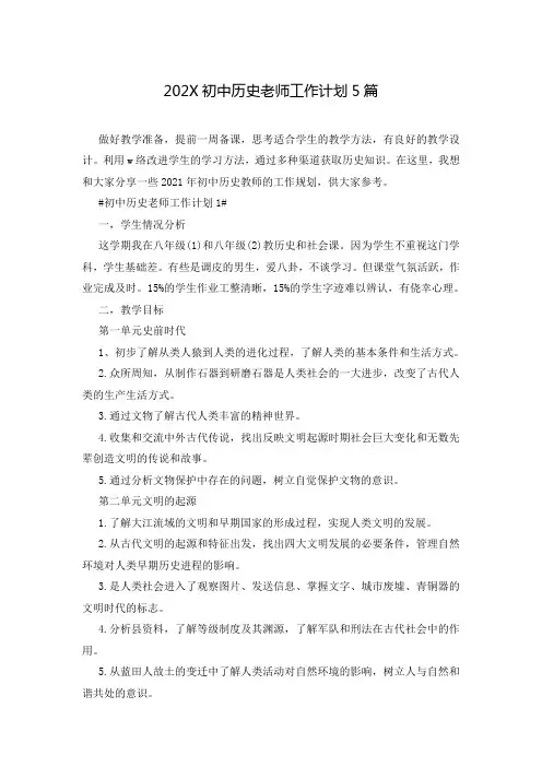 202X初中历史老师工作计划5篇