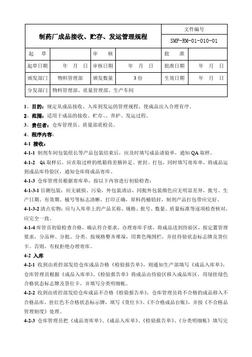 制药厂成品接收、贮存、发运管理规程,药品仓库管理规范