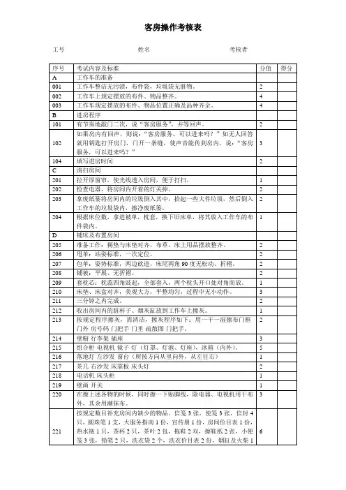 客房操作考核表