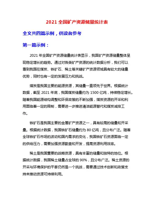 2021全国矿产资源储量统计表