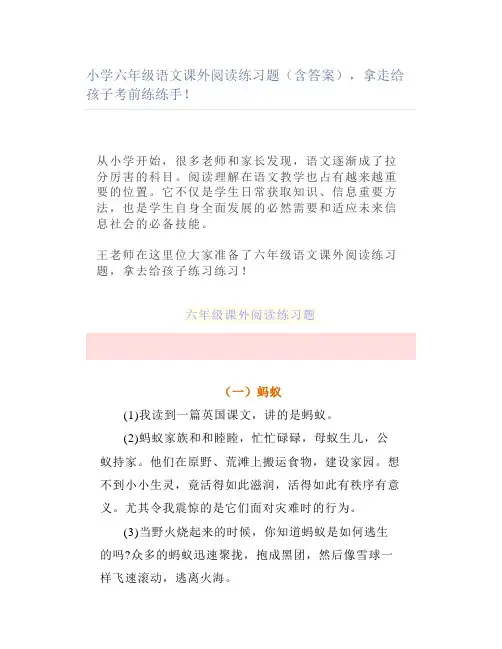 小学六年级语文课外阅读练习题(含答案)拿走考前练练手