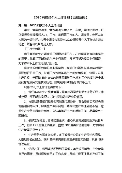 2020调度员个人工作计划（五篇范例）