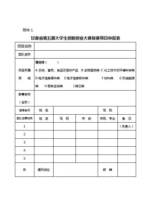 甘肃省第五届大学生创新创业大赛复赛项目申报表