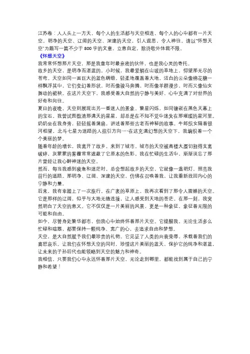 2007年高考语文江苏卷作文范文《怀想天空》!