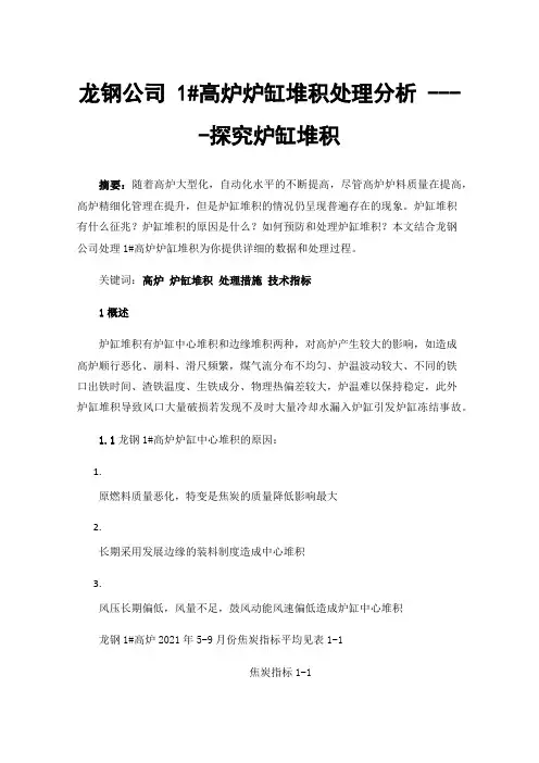 龙钢公司1#高炉炉缸堆积处理分析----探究炉缸堆积