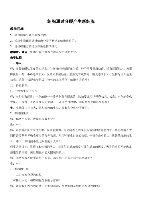 初中生物人教七年级上册生物体的结构层次第一节 细胞通过分裂产生新细胞 教案