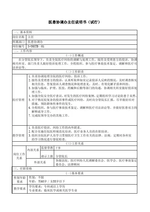医患协调办主任岗位说明书