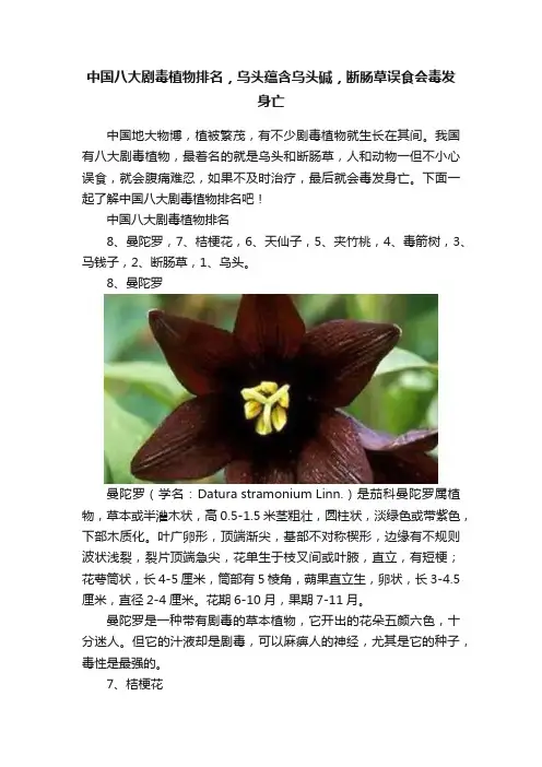中国八大剧毒植物排名，乌头蕴含乌头碱，断肠草误食会毒发身亡