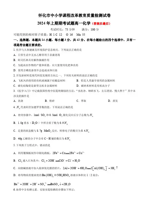 湖南省怀化市2023-2024学年高一下学期期末考试 化学试题含答案