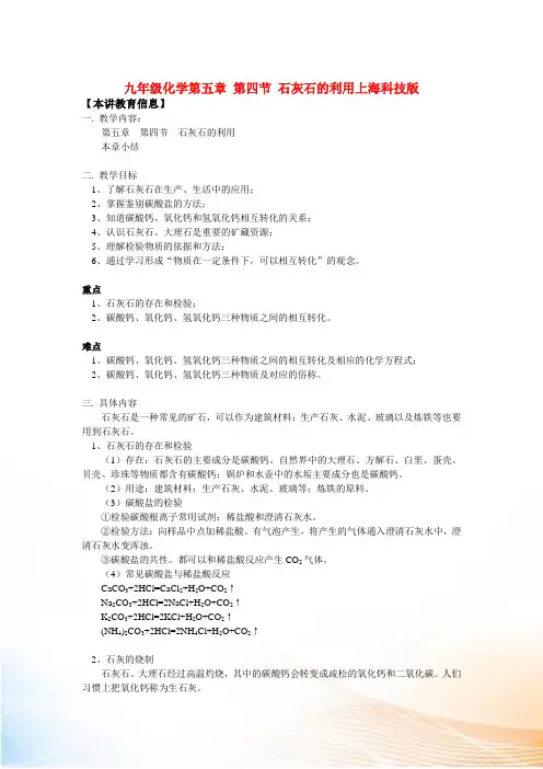 九年级化学第五章 第四节 石灰石的利用上海科技版知识精讲