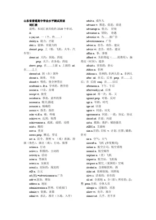高中学业水平测试(会考)英语词汇表