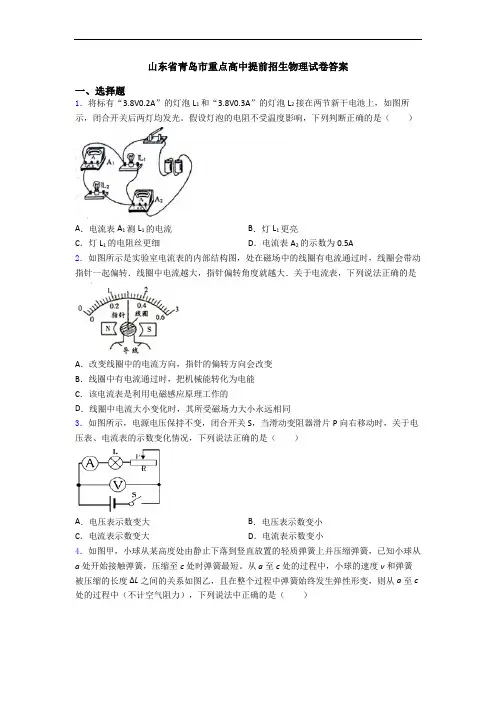 山东省青岛市重点高中提前招生物理试卷答案
