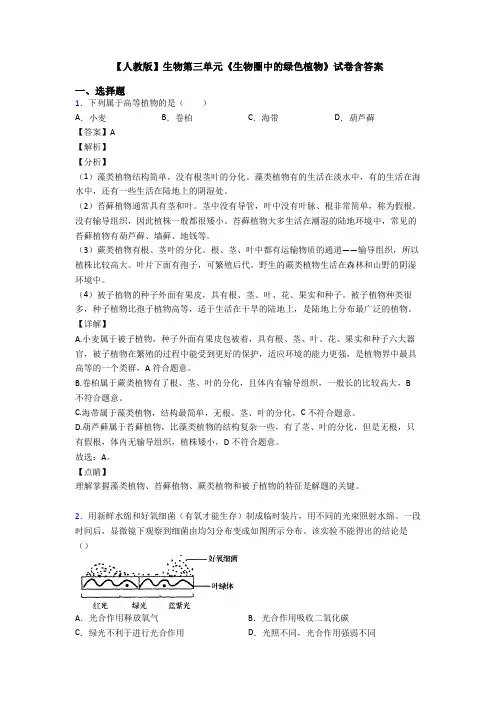 【人教版】生物第三单元《生物圈中的绿色植物》试卷含答案