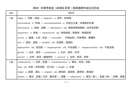 2024 年高考英语(新课标II卷)阅读理解中派生词总结