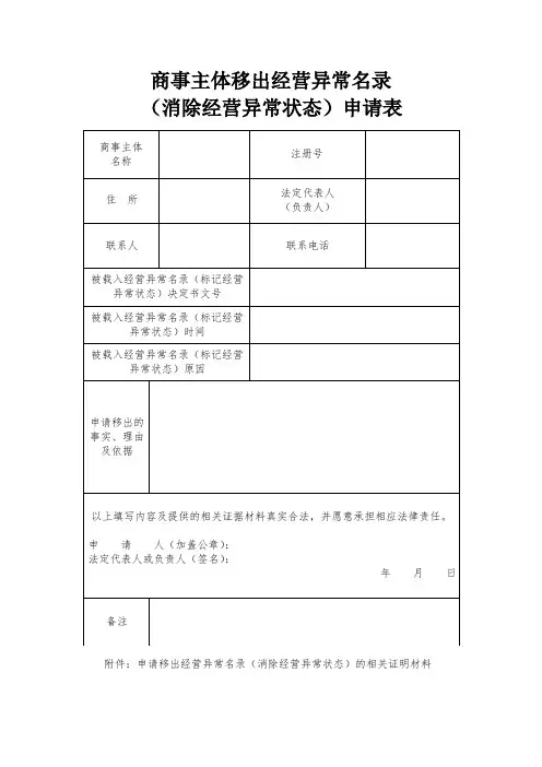 商事主体移出经营异常名录(消除经营异常状态)申请表