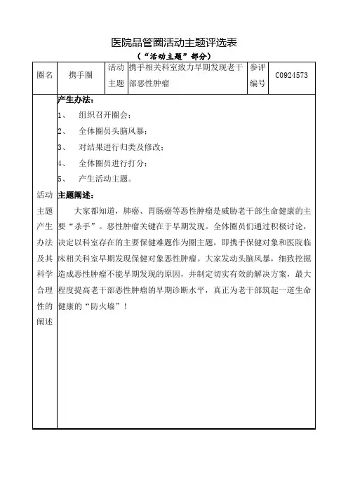 医院品管圈携手相关科室致力早期发现老干部恶性肿瘤活动主题评选表