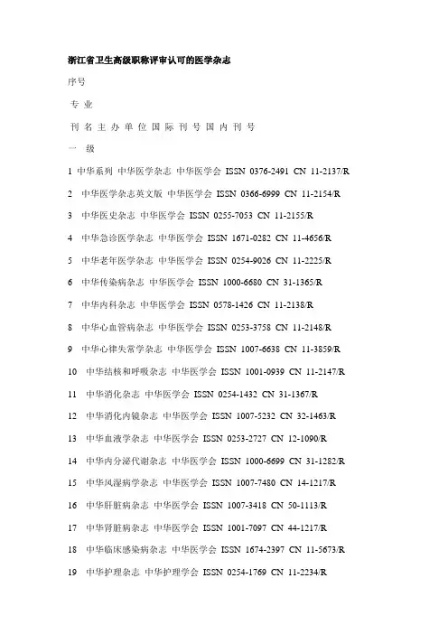 浙江省卫生高级职称评审认可的医学杂志