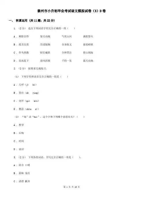泰州市小升初毕业考试语文模拟试卷(3)D卷