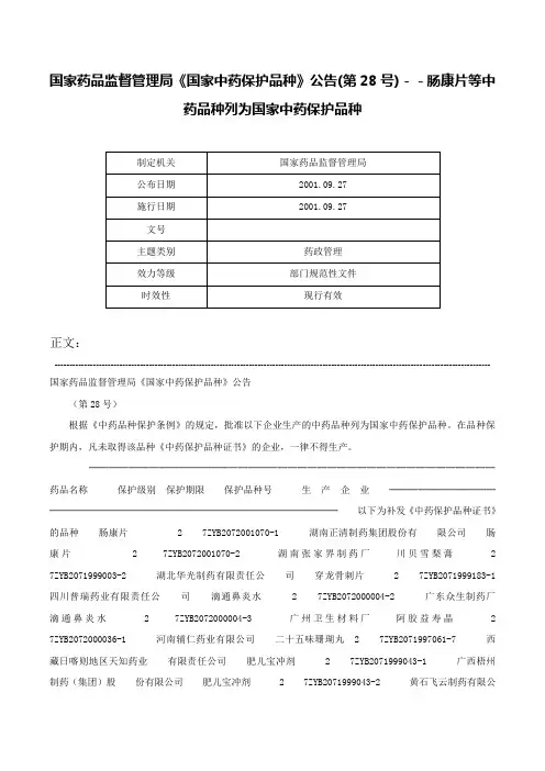 国家药品监督管理局《国家中药保护品种》公告(第28号)－－肠康片等中药品种列为国家中药保护品种-