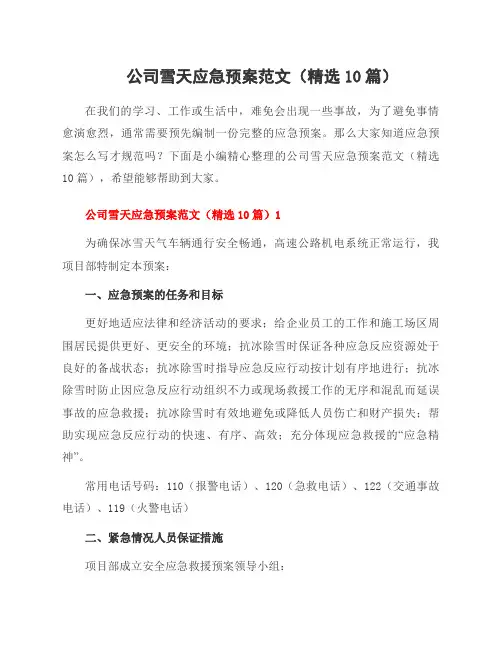 公司雪天应急预案范文(10篇)