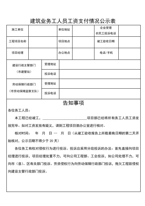 建筑业农民工工资支付公示表
