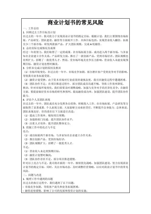 商业计划书的常见风险