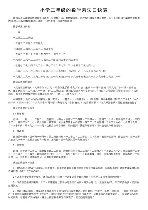 小学二年级的数学乘法口诀表