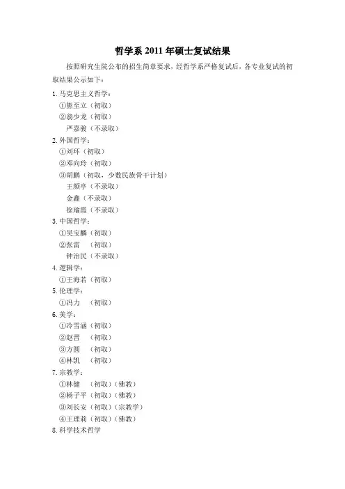 北大哲学系2011年复试结果
