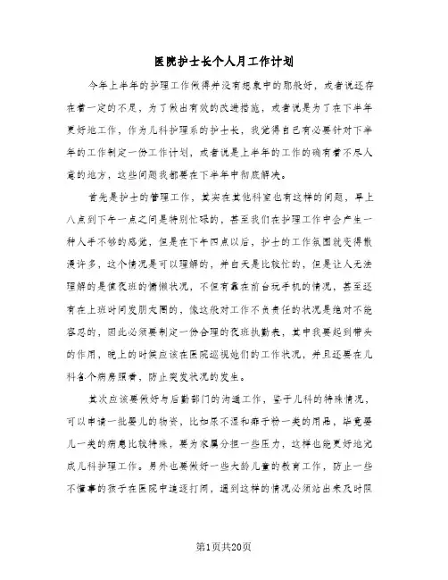 2024年医院护士长个人月工作计划（八篇）