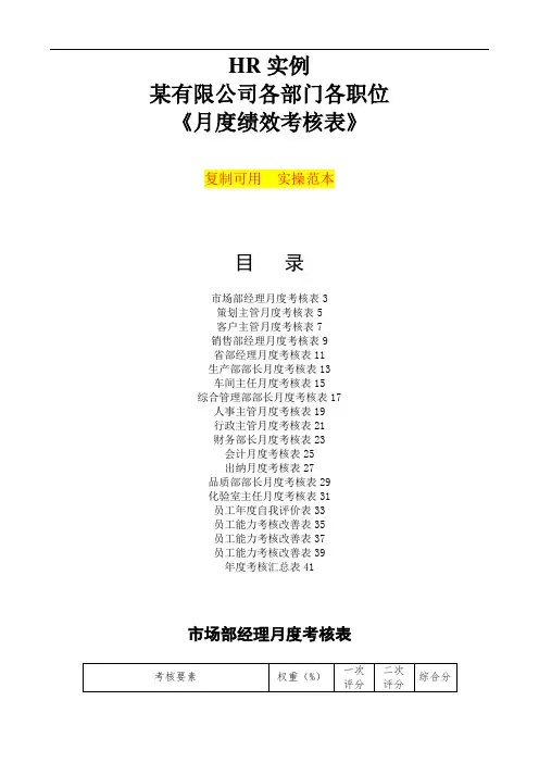 公司各部门各职位月度绩效考核表