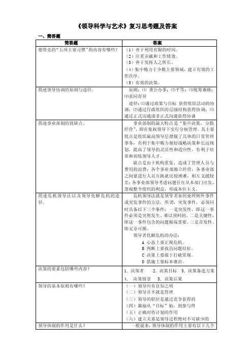 《领导科学与艺术》复习思考题及答案