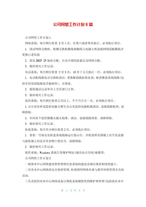 公司网管工作计划5篇