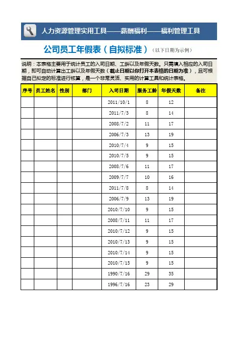 公司员工年假表