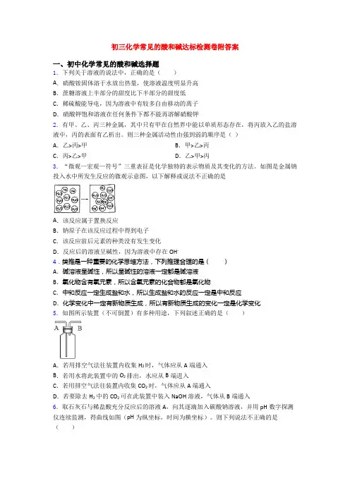 初三化学常见的酸和碱达标检测卷附答案