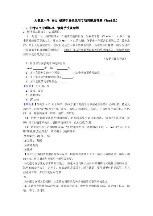 人教版中考 语文 修辞手法及运用专项训练及答案(Word版)