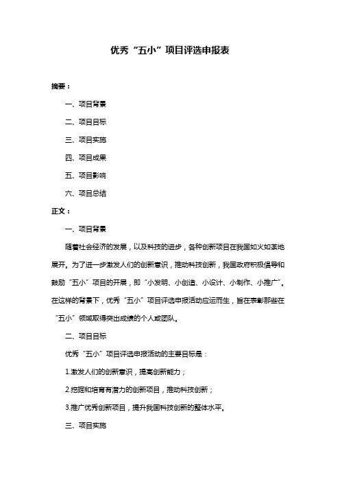 优秀“五小”项目评选申报表
