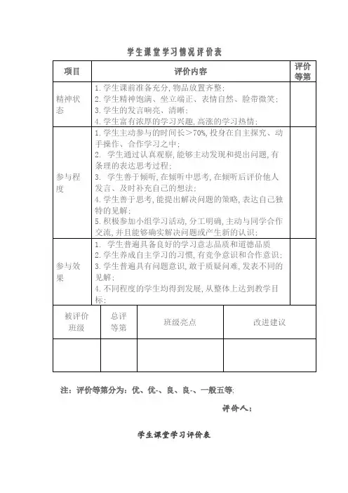 学生课堂学习情况评价表